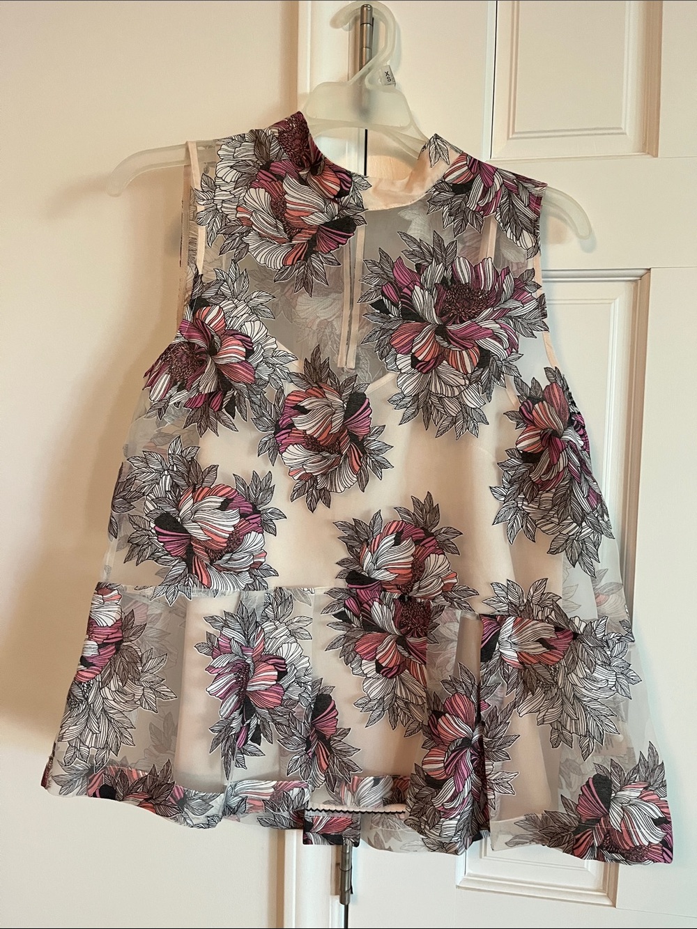 Moulinette Soeurs Sheer Floral Sleeveless Blouse in Pink and Gray